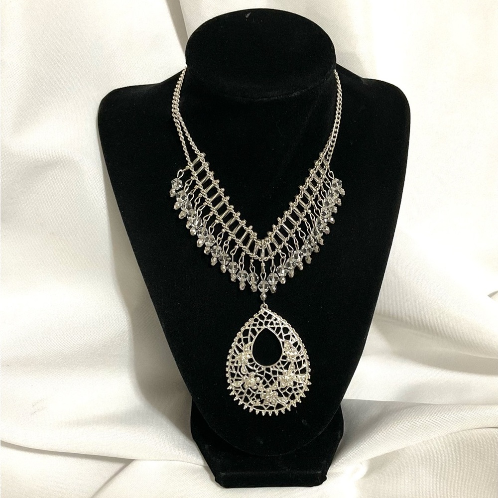 Silver Tone Statement Necklace Featuring Rhinestone Beadwork & Crystals - Picture 3 of 6